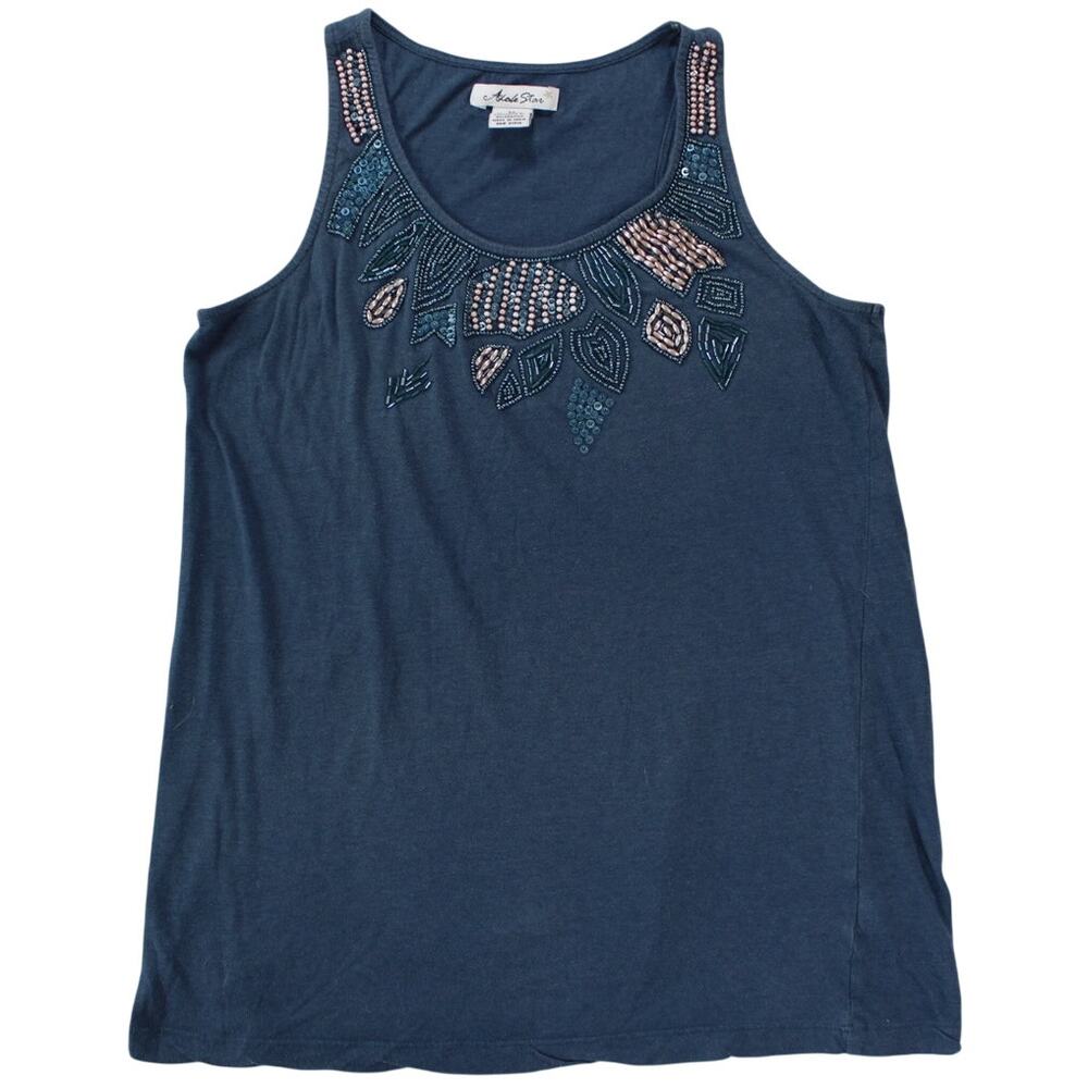 Adele Star Blue Tank Top M Beaded Sequin Embellished Boho Cotton Modal